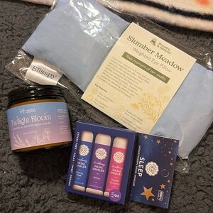 Blue Weighted Eye Pillow, Lavender Candle, inhalers